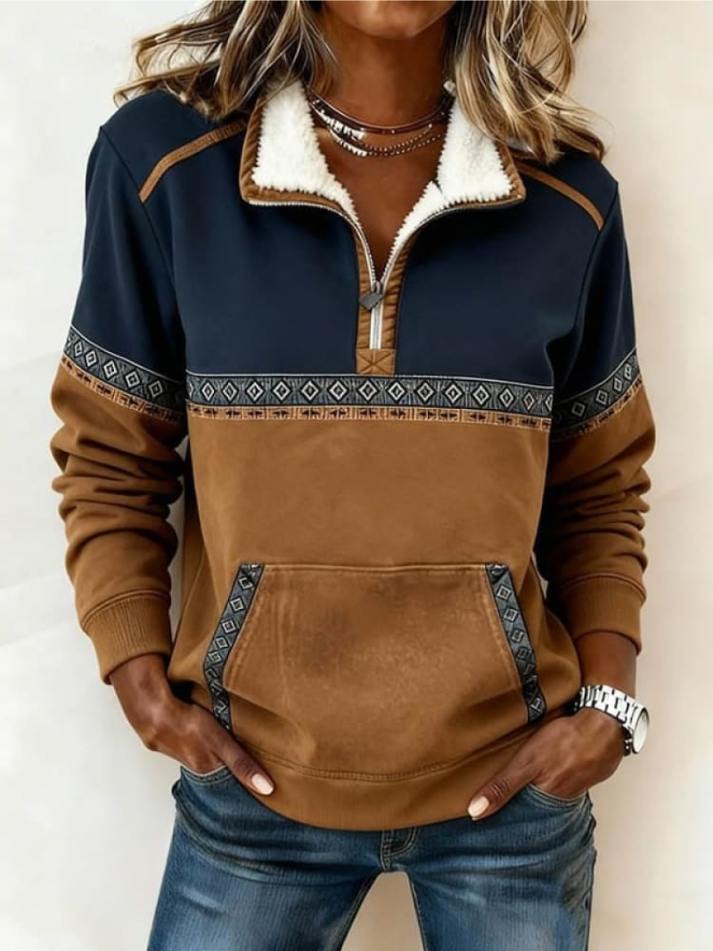 Gloria | Pullover Hoodie with Sherpa Collar and Tribal Print Trim