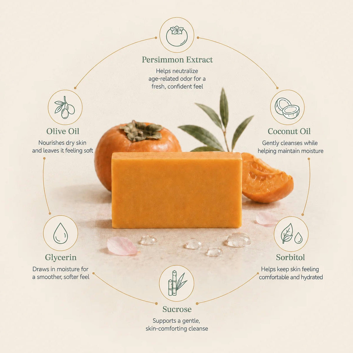 Persimmon Extract, Olive Oil, Coconut Oil, Glycerin, Sorbitol, Sucrose
