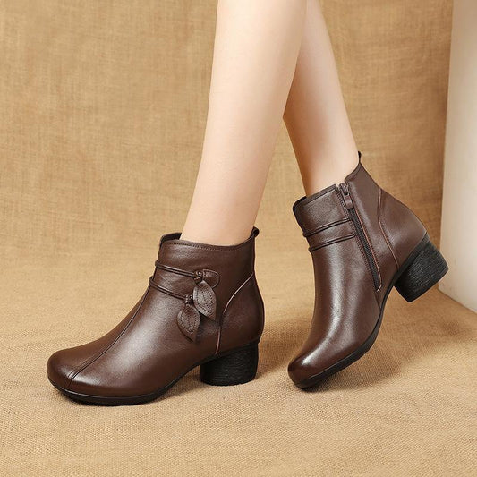 Boots For Women | Brown Leather Side Zip Chunky Heel