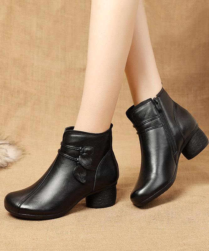 Boots For Women | Brown Leather Side Zip Chunky Heel