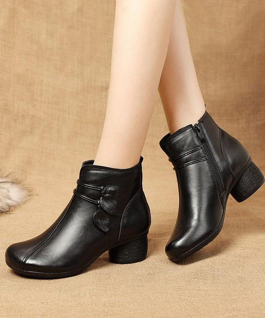 Boots For Women | Brown Leather Side Zip Chunky Heel