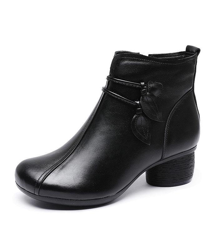 Boots For Women | Brown Leather Side Zip Chunky Heel