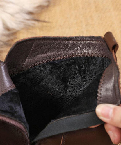 Boots For Women | Brown Leather Side Zip Chunky Heel