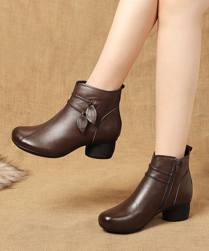 Boots For Women | Brown Leather Side Zip Chunky Heel