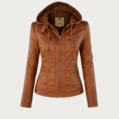 Women's Leather Jacket | Hooded Zip Front Moto