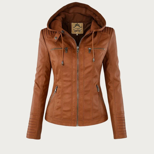 Women's Leather Jacket | Hooded Zip Front Moto