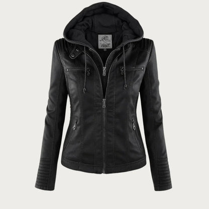 Women's Leather Jacket | Hooded Zip Front Moto