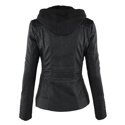 Women's Leather Jacket | Hooded Zip Front Moto