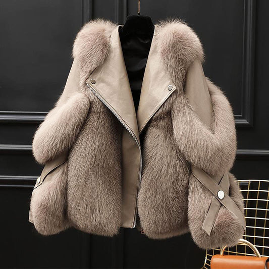 Women's Leather Jacket | Oversized Fur Collar Lapel Zip Front