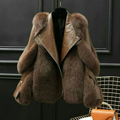 Women's Leather Jacket | Oversized Fur Collar Lapel Zip Front