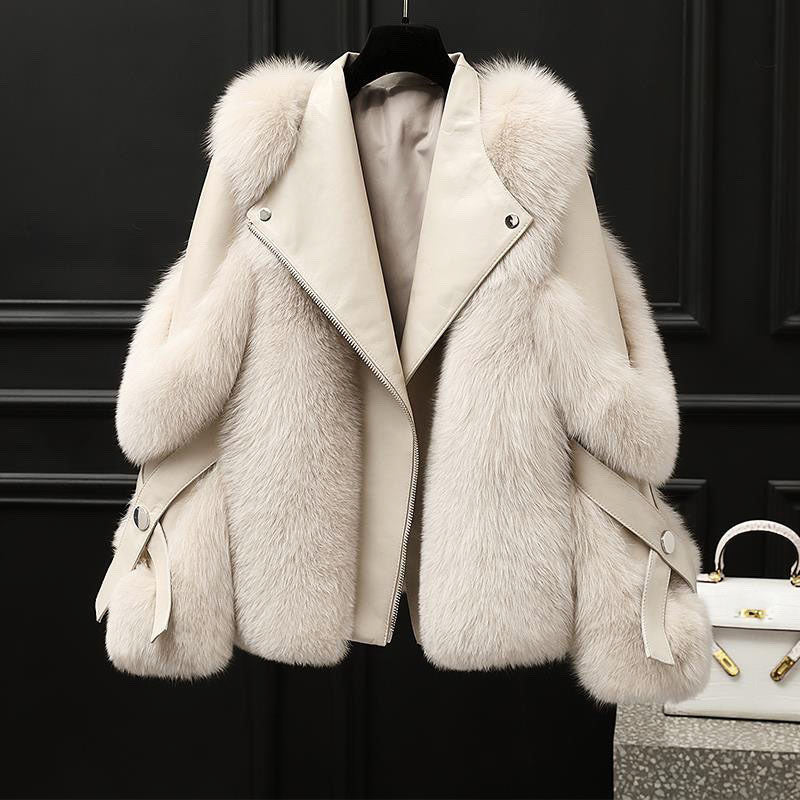 Women's Leather Jacket | Oversized Fur Collar Lapel Zip Front