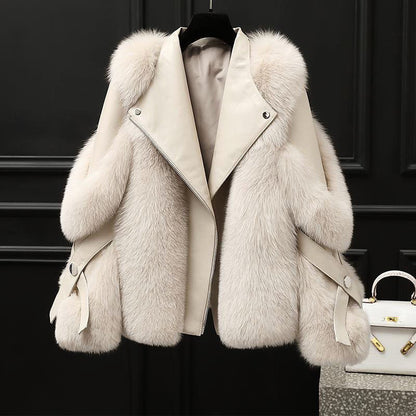 Women's Leather Jacket | Oversized Fur Collar Lapel Zip Front