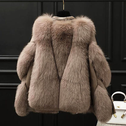 Women's Leather Jacket | Oversized Fur Collar Lapel Zip Front