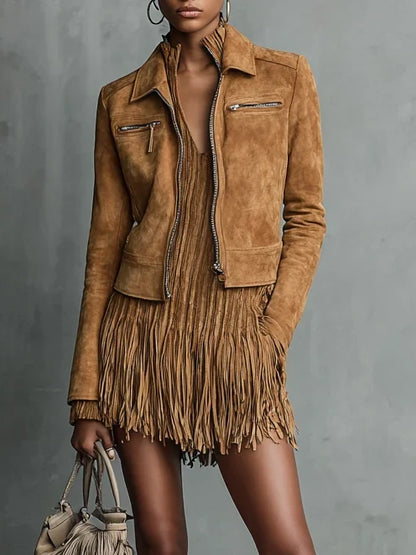 Women's Suede Jacket | Cropped Lapel Zipper Long Sleeve