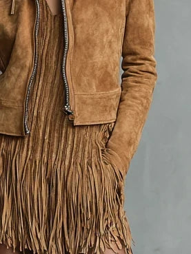 Women's Suede Jacket | Cropped Lapel Zipper Long Sleeve