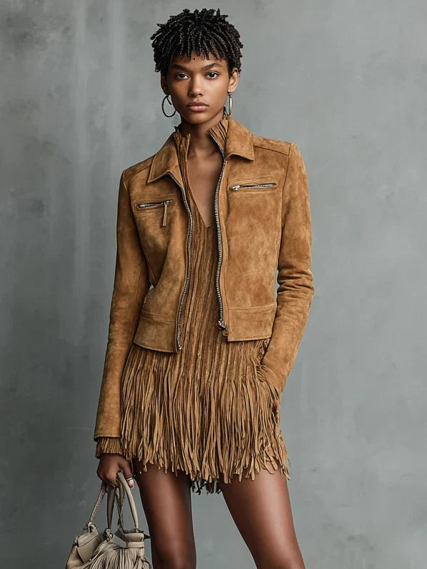 Women's Suede Jacket | Cropped Lapel Zipper Long Sleeve